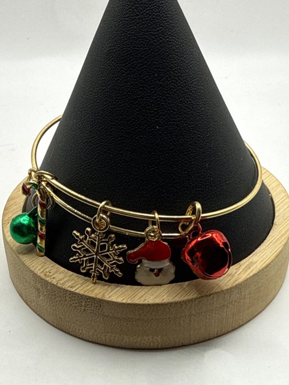 Gold Christmas Charm Expandable Bangle Bracelet Holiday Jingle Bell